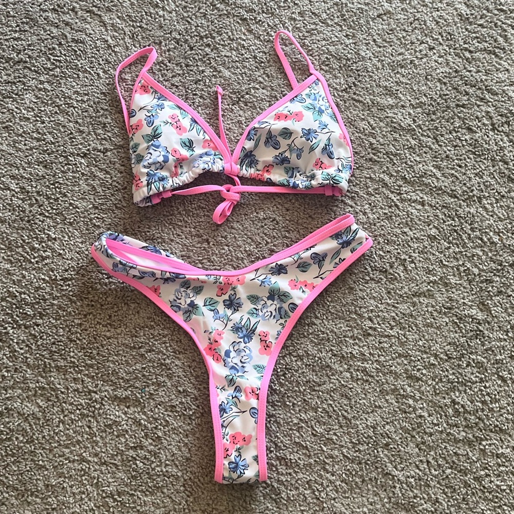 Floral Bikini Set with Pink Trim